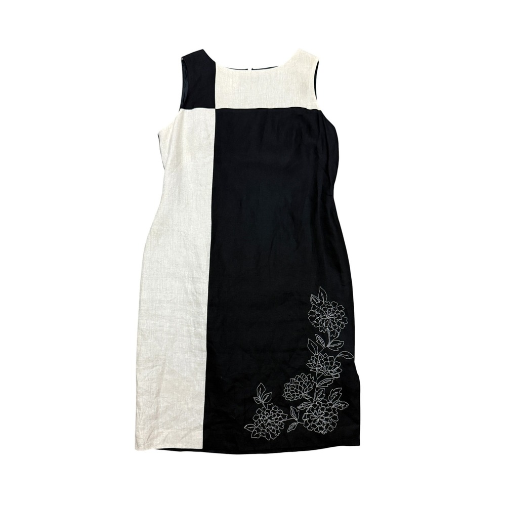 Talbots Irish Linen Dress Women 12 Black Floral Embroidered Sheath Colorblock